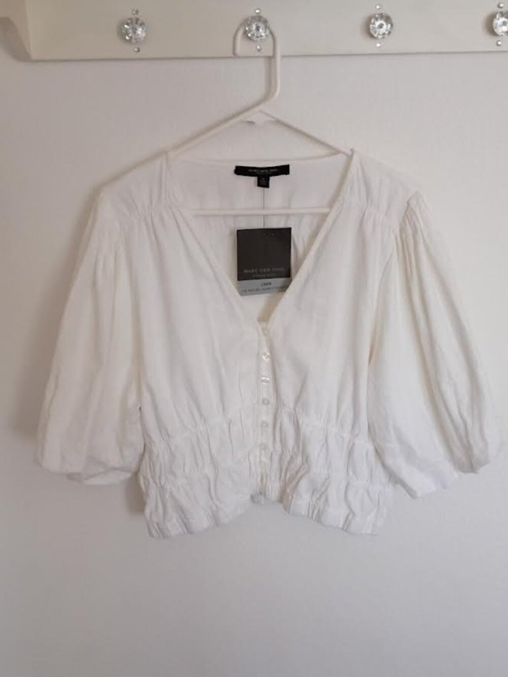 MARC NEW YORK WOMEN'S TOP WHITE LINEN ELBOW SLEEVE ELASTIC WAIST BUTTONS XL NWT